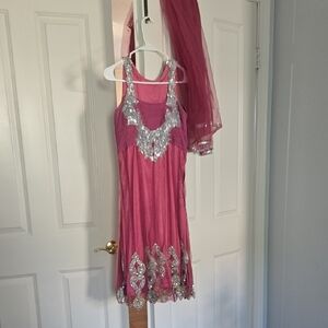 Elegant Pink Suit with Silver Accents